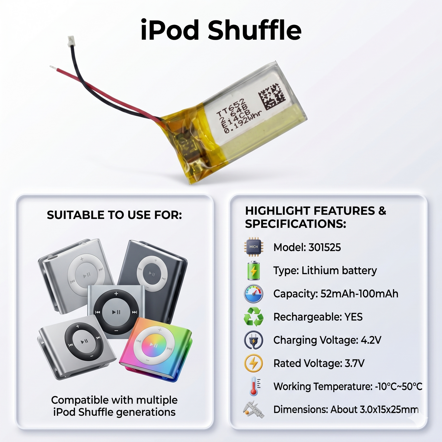 ipod Shuffle 4th 5th 6th Generation 616-0548 0.19Whr 3.7V Compatible replacement Battery  by NIVAPRO