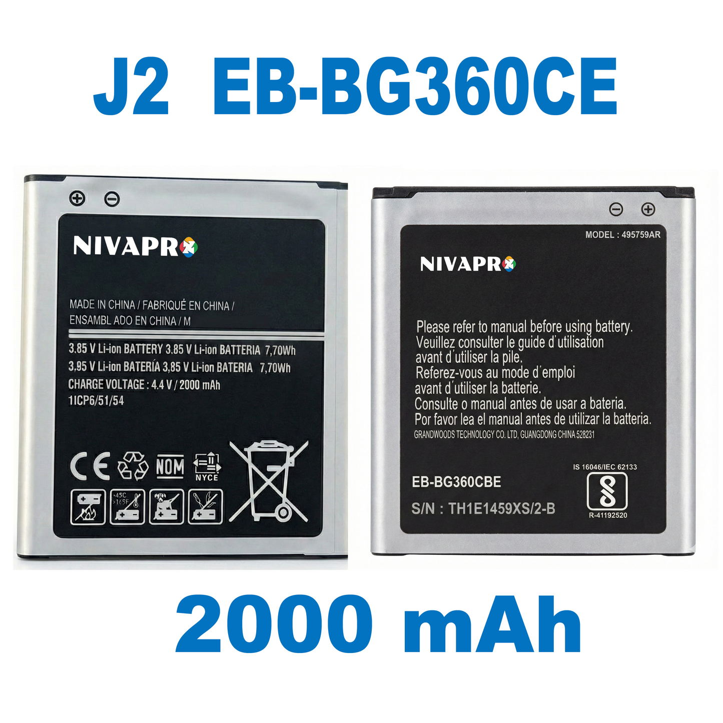 NIVAPRO J2, EB-BG360CBC Battery  2000mAh