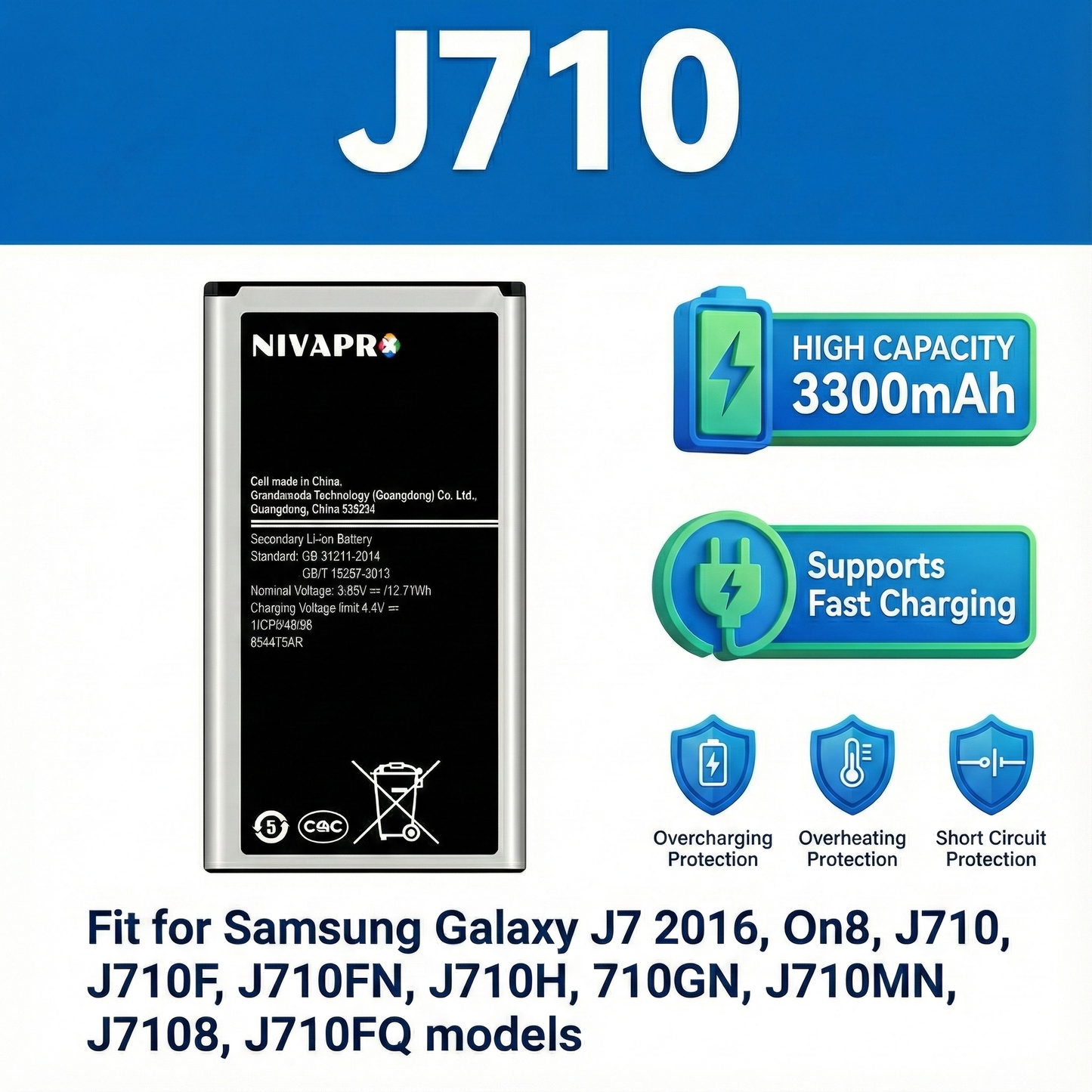 J710 | J7 (2016) 3300mAh by NIVAPRO Compatible Battery