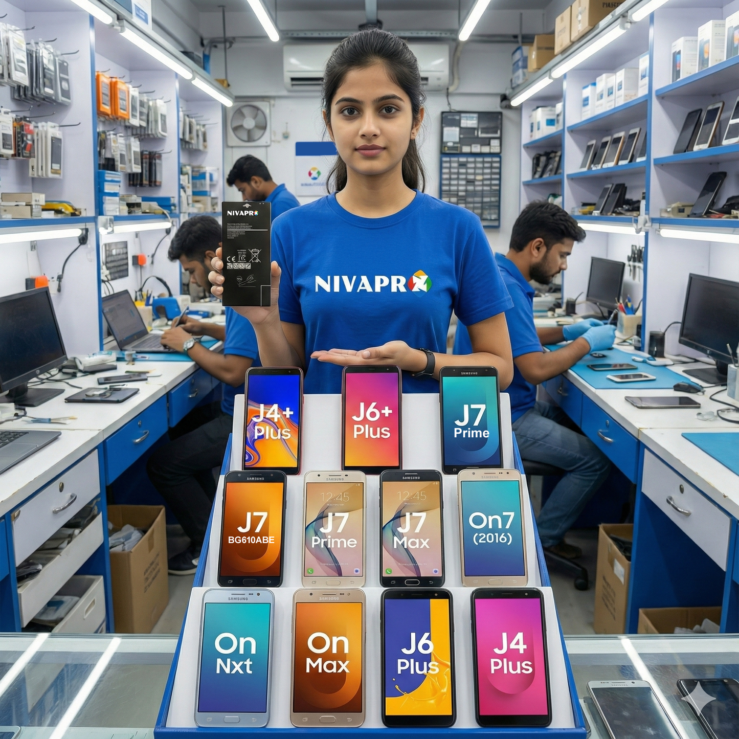 Person holding smartphones with NIVAPRO branding in a tech repair shop.