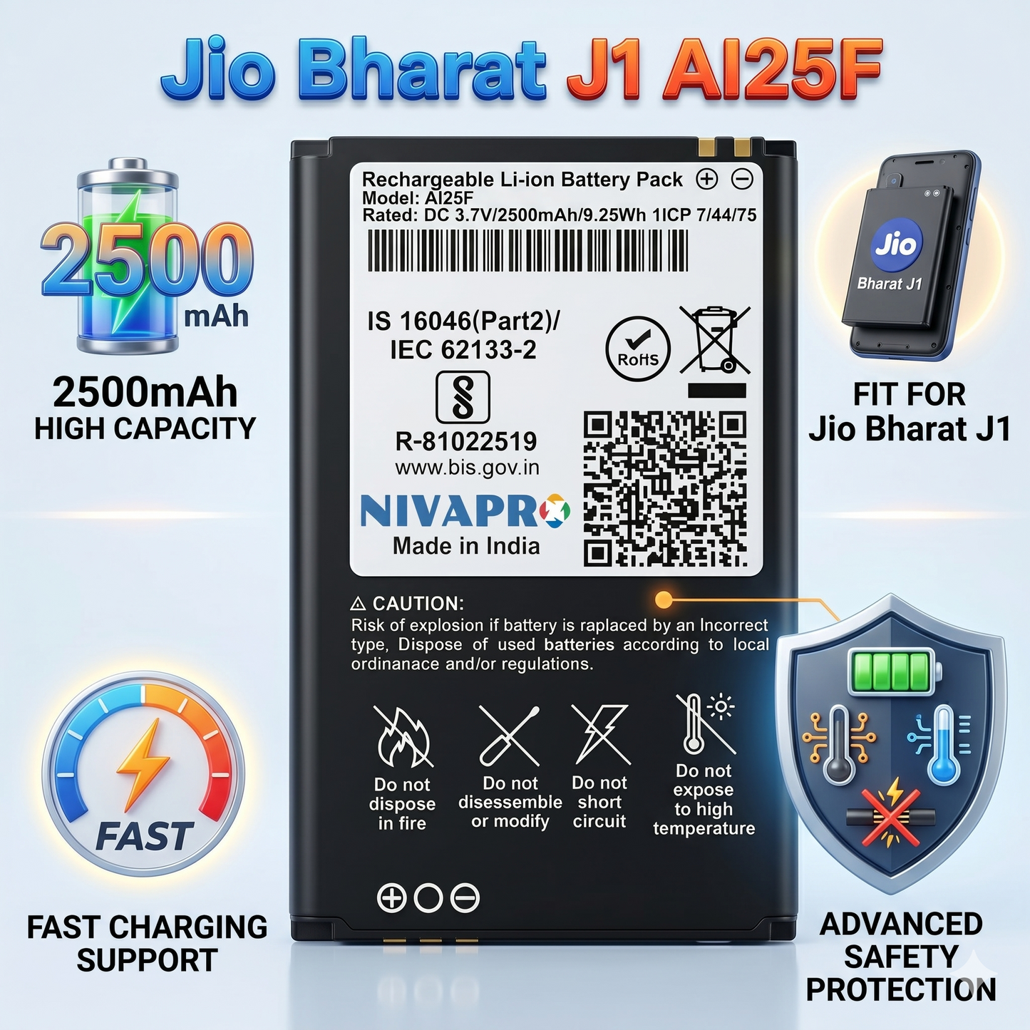AI25F JIO BHARAT J14G  2500mAh Battery by NIVAPRO