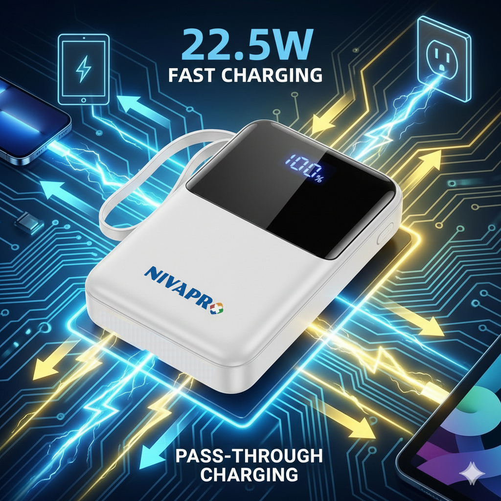 NIVAPRO 10000mAh Power Bank with 22.5W ultrafast Charging, Pass-Through Support, in-Built connectors, Airline Approved, Digital% Display. (Copy)