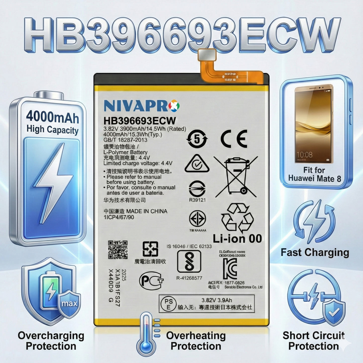 NIVAPRO HB396693ECW Battery for Mate 8 4000mAh