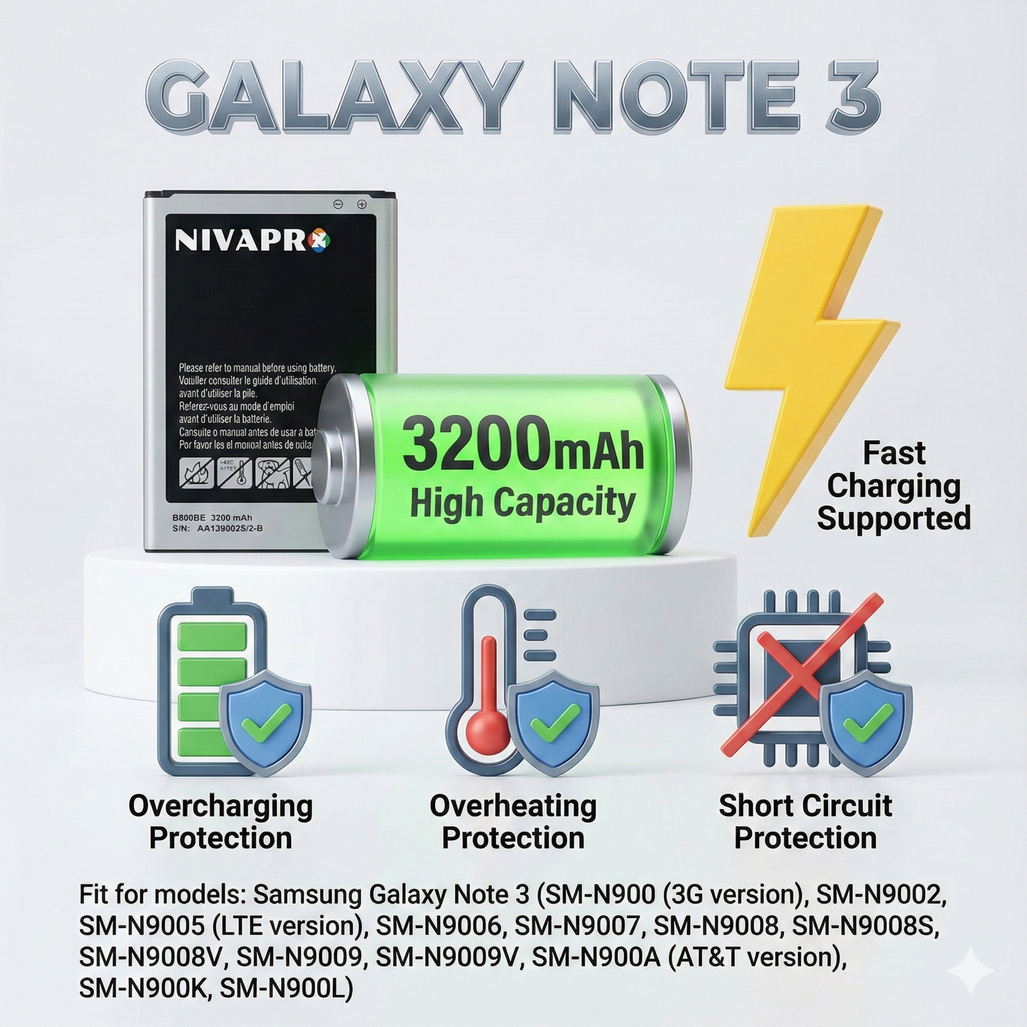 NOTE3  GALAXY for SAMSUNG B800BC,B800BE, Galaxy Note 3, N9000, N900, N900A, N900T 3200mAh Battery by NIVAPRO