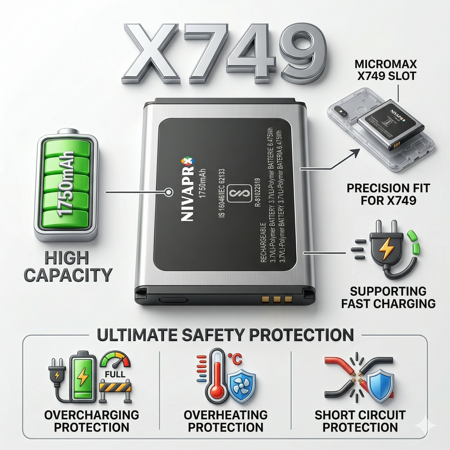 Original Micromax X749 Mobile Compatible battery 1750mAh with warranty by NIVAPRO