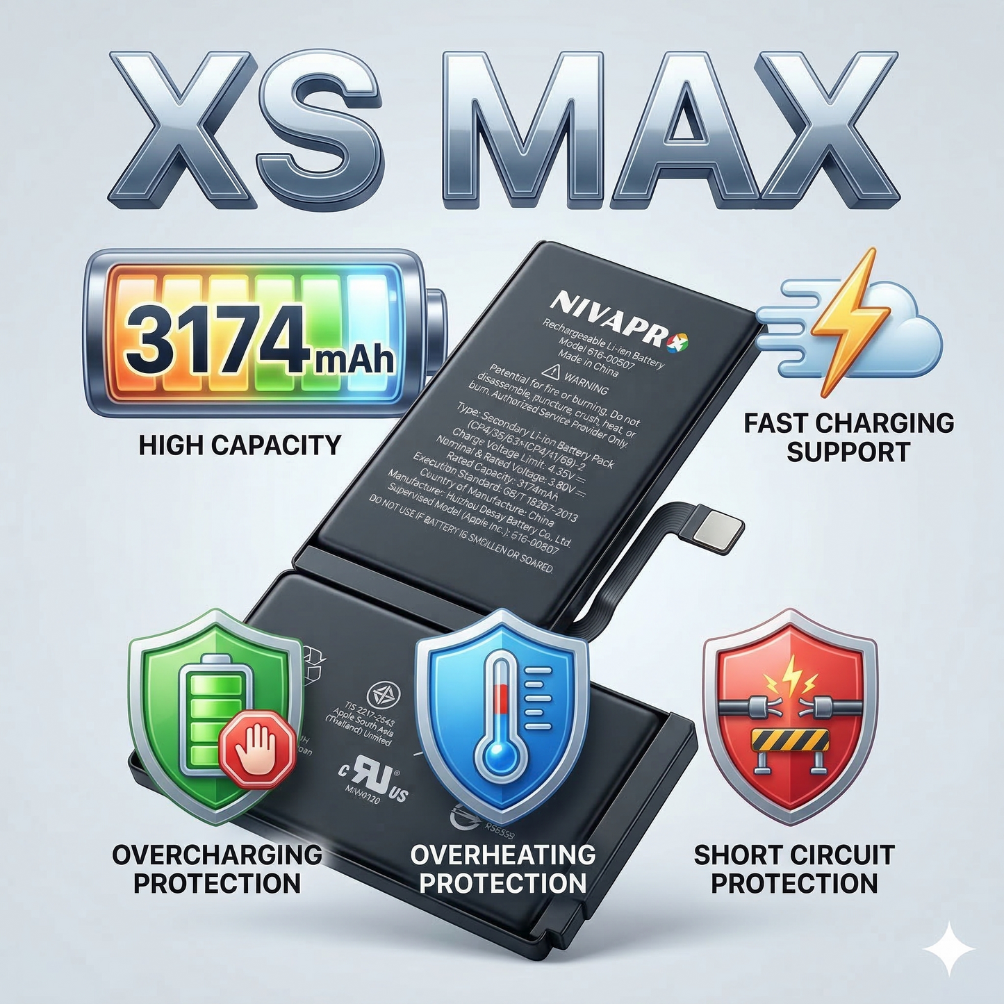 XS MAX iphone battery compatible by NIVAPRO 3174mAh with warranty