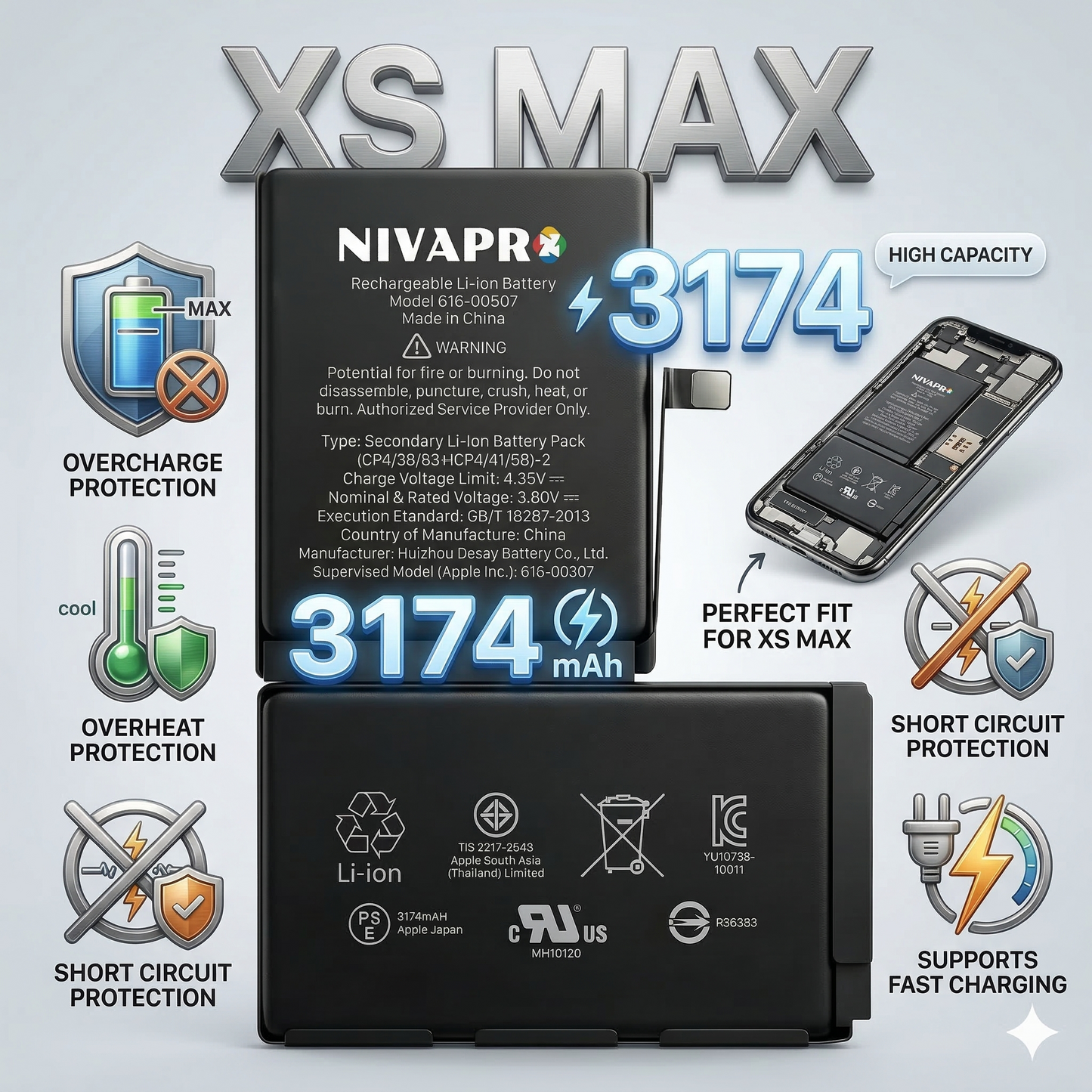 XS MAX iphone battery compatible by NIVAPRO 3174mAh with warranty